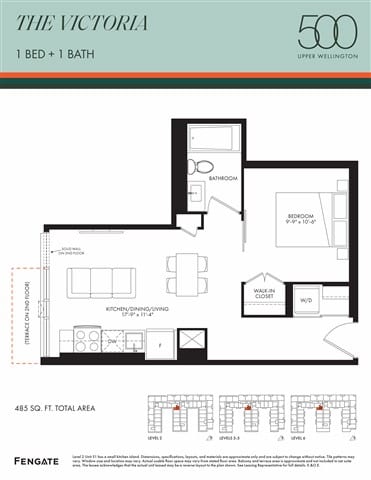 A floor plan for a 1 bedroom, 1 bathroom apartment in Upper Wellington.