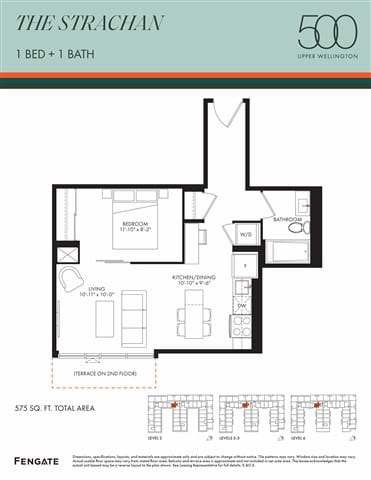 A floor plan for a 500 square foot apartment with one bed and one bath.