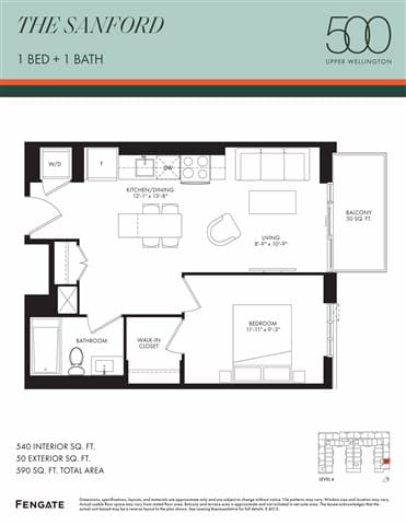 A floor plan for a 1 bedroom, 1 bathroom apartment in The Sanford in Upper Wellington.