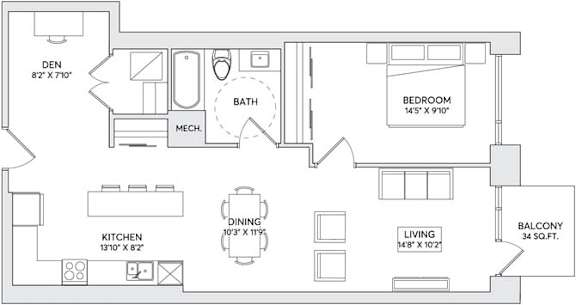 A floor plan of a house with a den, two bedrooms, a kitchen, a dining area, a living room, and a balcony.
