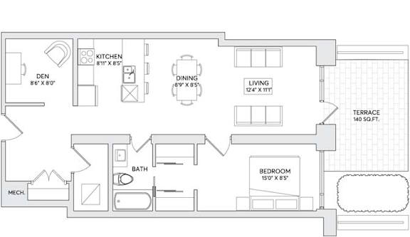 A floor plan of a house with a kitchen, dining room, living room, terrace, bathroom, and bedroom.
