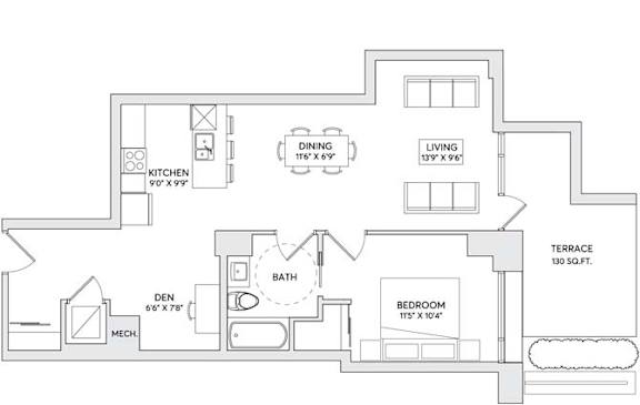 A floor plan of a house with a kitchen, living room, dining room, bathroom, den, and bedroom.