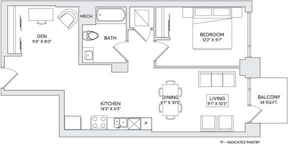 A floor plan of a house with a den, kitchen, living room, dining room, bedroom and bathroom.