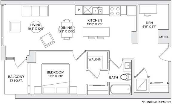 A floor plan of a small apartment with a living room, kitchen, dining room, bedroom, bathroom, and den.