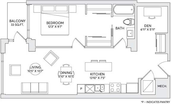 A floor plan of a small apartment with a living room, dining room, kitchen, bedroom, bathroom, and balcony.