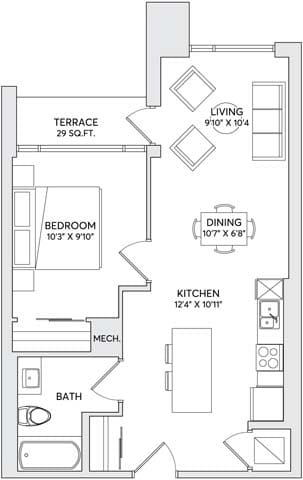 A floor plan of a small apartment with a bedroom, bathroom, kitchen, and living room.