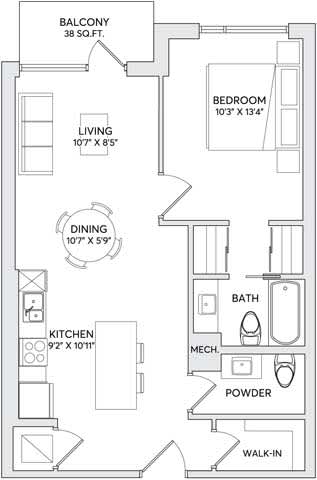 A black and white image of a floor plan for a two-bedroom apartment.