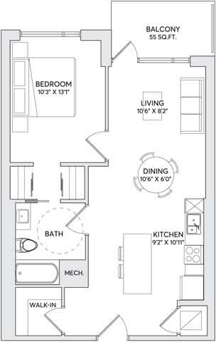 A floor plan of a small apartment with a bedroom, living room, dining room, kitchen, bathroom, and a mechanical space.