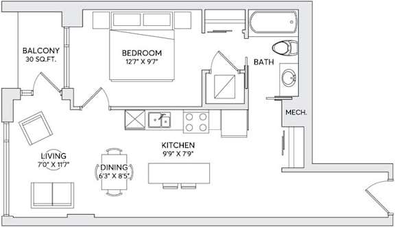 A floor plan of an apartment with a living room, kitchen, dining room, bedroom, bathroom, and balcony.