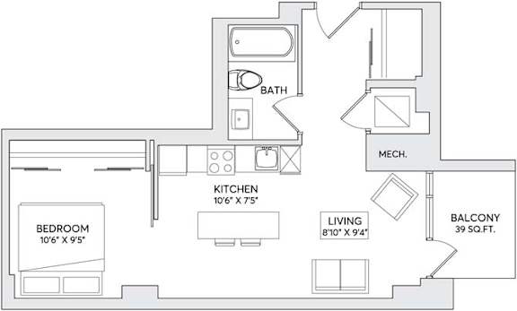 A floor plan of a home with a bedroom, kitchen, bath, living room, and balcony.