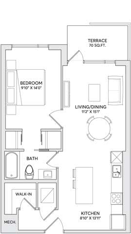 A floor plan of a small apartment with a terrace.
