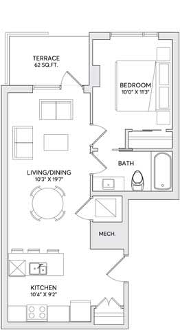 A floor plan of a small apartment with a kitchen, living room, bathroom, bedroom, and mechanicals.