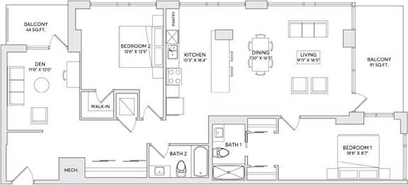 A floor plan of a house with two bedrooms, a living room, a dining room, a kitchen, a bathroom, and a den.