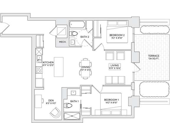 A floor plan of a house with two bedrooms, a kitchen, a den, and a terrace.