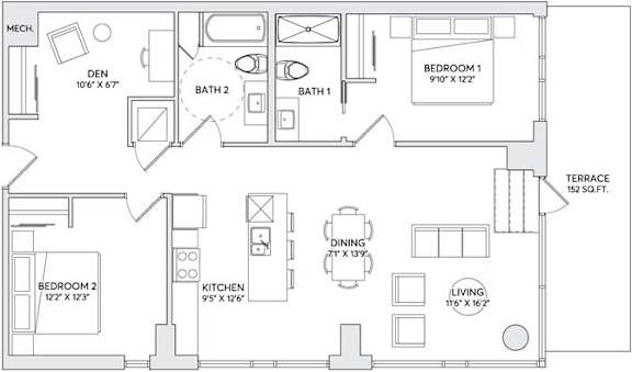 A floor plan of a home with two bedrooms, a living area, a kitchen, a dining area, and two bathrooms.