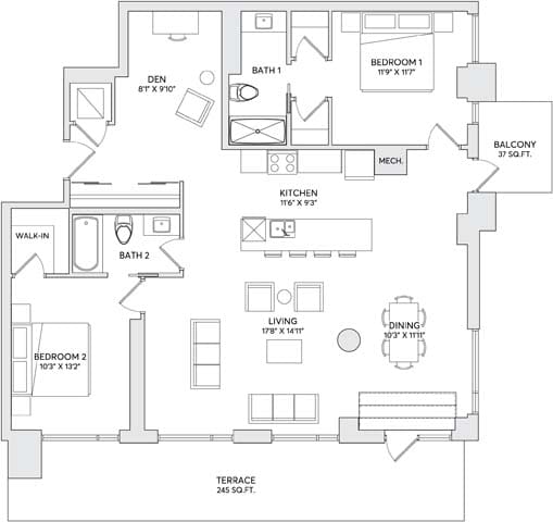A black and white image of a house floor plan with a balcony, two bathrooms, two bedrooms, a kitchen, and a dining area.