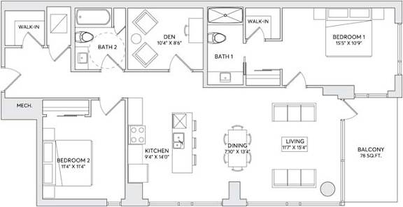 A floor plan of a home with two bedrooms, a living room, a dining room, a kitchen, a bathroom, and a balcony.