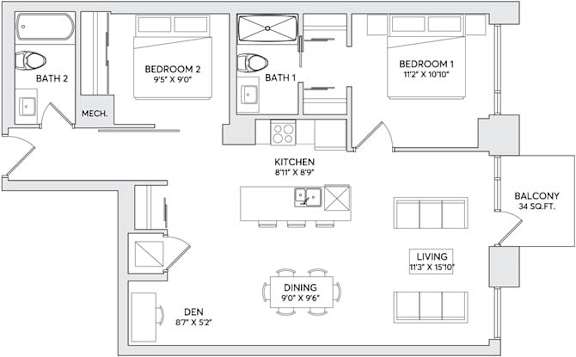 A floor plan of a two-bedroom apartment with a den, kitchen, and living room.