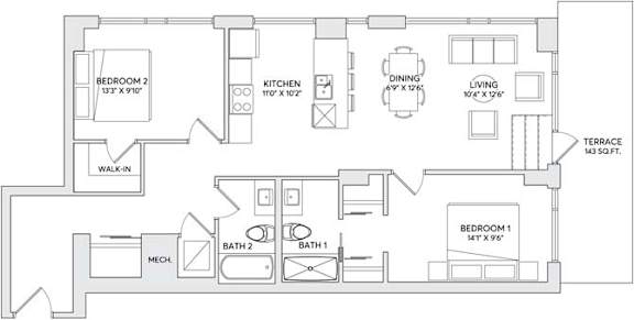 A floor plan of a house with two bedrooms, a living room, a dining room, a kitchen, a terrace, and two bathrooms.