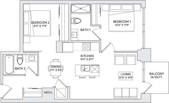 A black and white image of a floor plan for a two bedroom apartment.