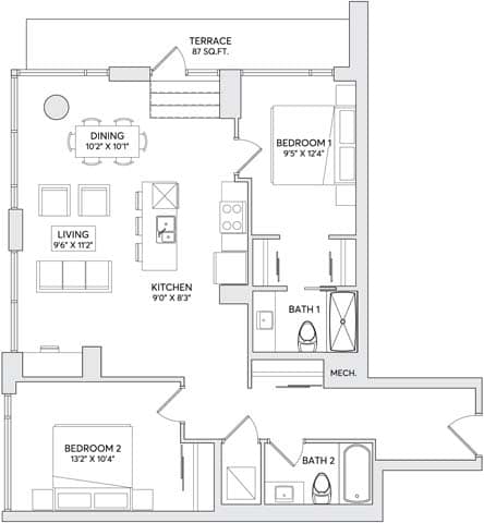 A floor plan of a house with two bedrooms, a living room, a kitchen, a dining area, a terrace, and two bathrooms.