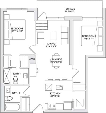 A floor plan of a house with a terrace, two bedrooms, a living room, a dining room, a kitchen, a bathroom, and a mechanical room.