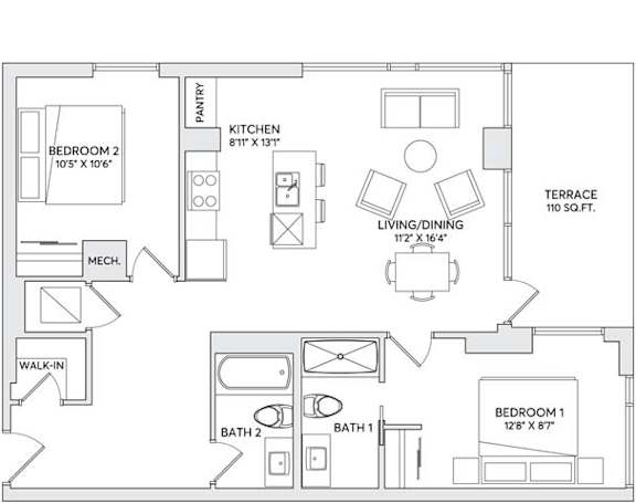 A floor plan of a house with two bedrooms, a kitchen, a living room, a terrace, a walk-in and two bathrooms.