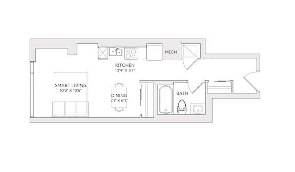 A floor plan of a small apartment with a kitchen, dining area, bathroom, and a smart living room.