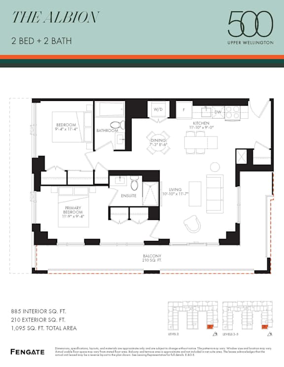 A floor plan for a 2 bedroom, 2 bathroom apartment in The Albion building.