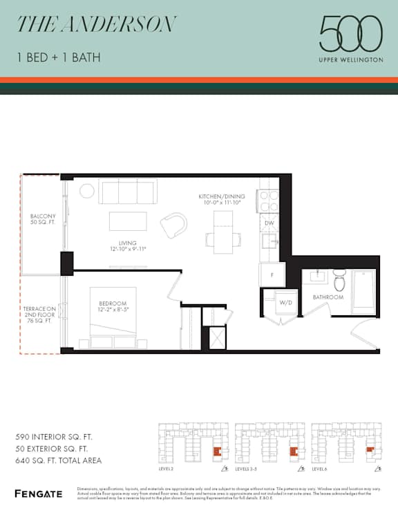 A floor plan for a 1 bedroom, 1 bathroom apartment at The Anderson in Upper Wellington.