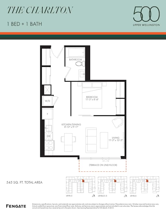 A floor plan for an apartment in The Charlton, showing a bedroom, bathroom, kitchen/dining area, and living room.