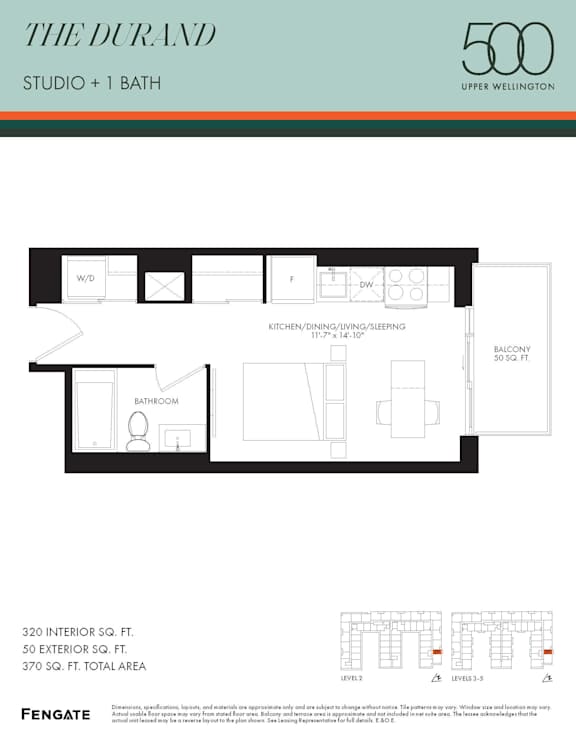 A floor plan for a 500 square foot studio with one bath.