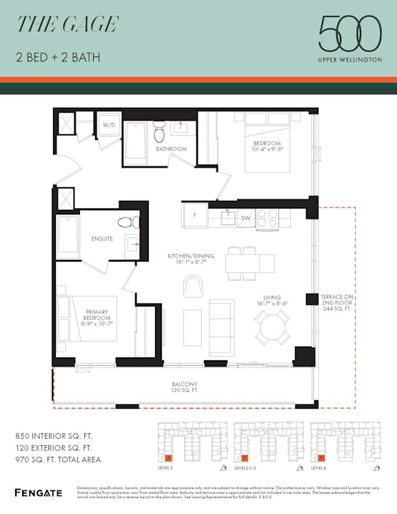 A floor plan for a 2 bedroom, 2 bathroom apartment in Upper Wellington.