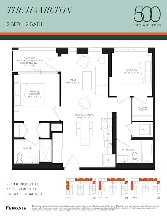 A floor plan for a 2 bedroom, 2 bathroom apartment in The Hamilton building.