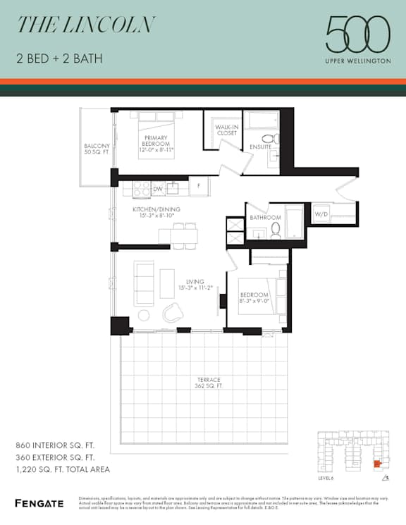 A floor plan for a 2 bedroom, 2 bathroom apartment at The Lincoln in Upper Wellington.