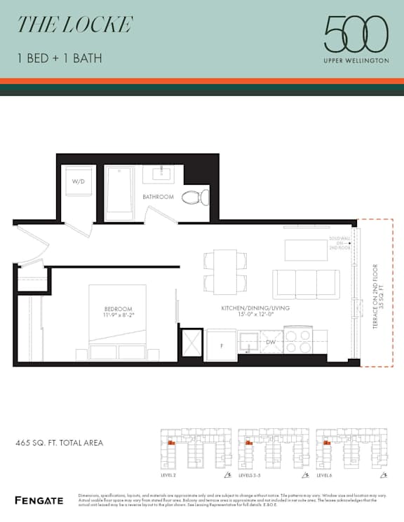 A floor plan for a 1 bedroom, 1 bathroom apartment at The Locke in Upper Wellington.