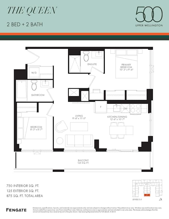 A floor plan for a 2 bedroom, 2 bathroom apartment at The Queen in Upper Wellington.