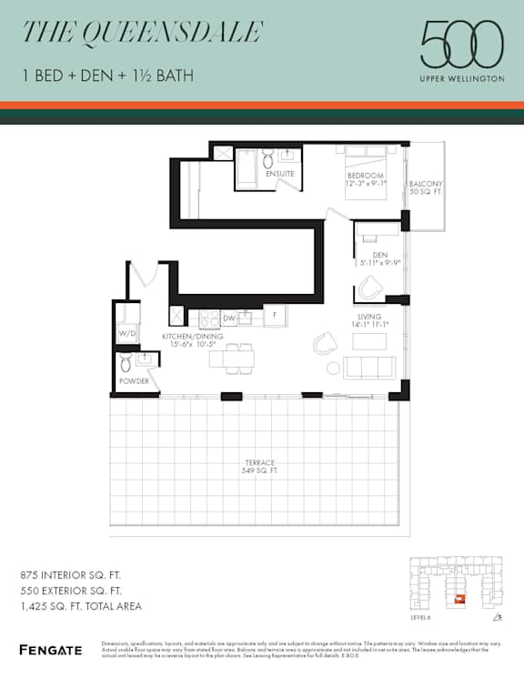 A floor plan for a 1 bedroom apartment with den and 1 1/2 baths.