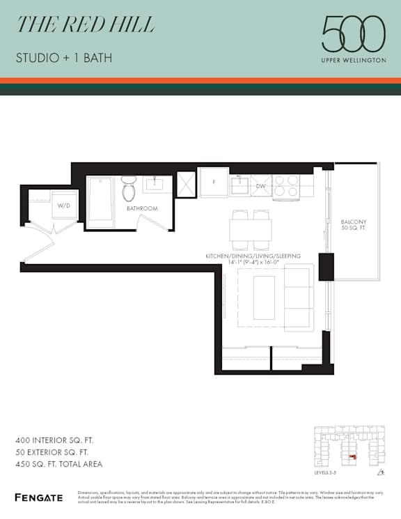 A floor plan for a 500 square foot studio with one bath.