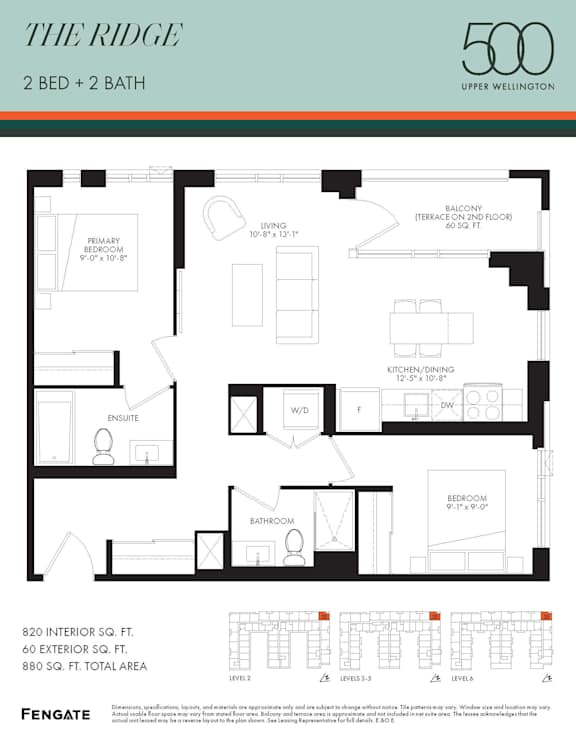 A floor plan for a 2 bedroom, 2 bathroom apartment in The Ridge, Upper Wellington.