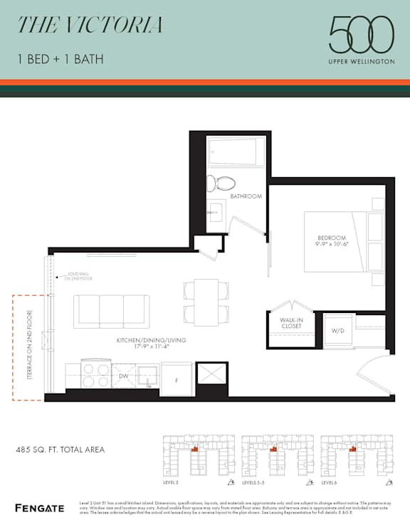 A floor plan for an apartment in The Victoria building, which includes one bedroom and one bathroom.