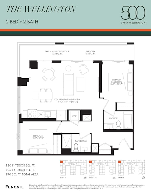 A floor plan for a 2 bedroom, 2 bathroom apartment.
