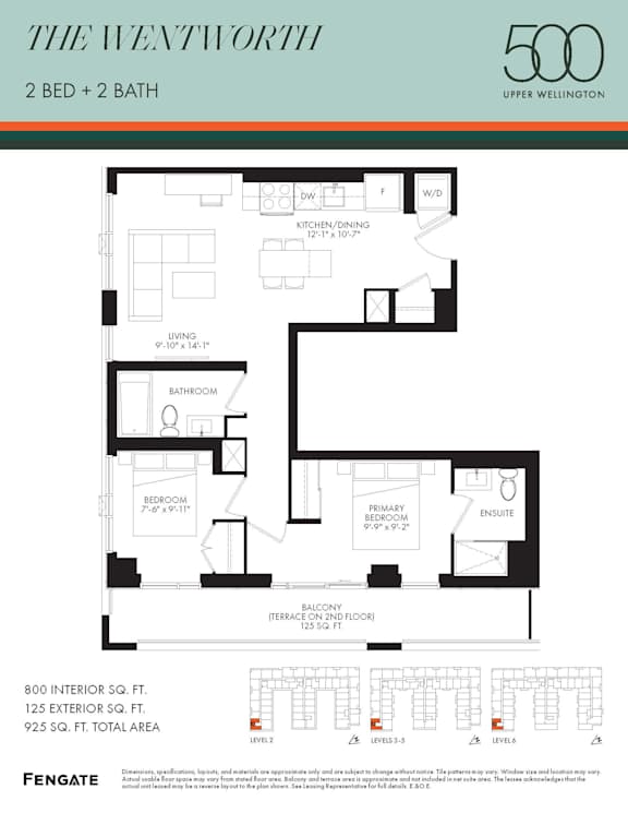 A floor plan for a 2 bedroom, 2 bathroom apartment in The Wentworth building.