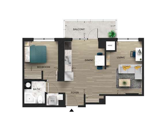 A floor plan of an apartment with a balcony, foyer, bathroom, bedroom, dining room, and living room.