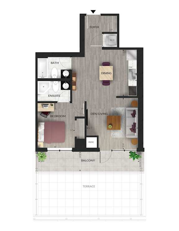 A floor plan of a house with a den, dining room, kitchen, and bathroom.