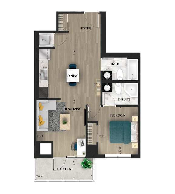 A floor plan of an apartment with a dining area in the middle.