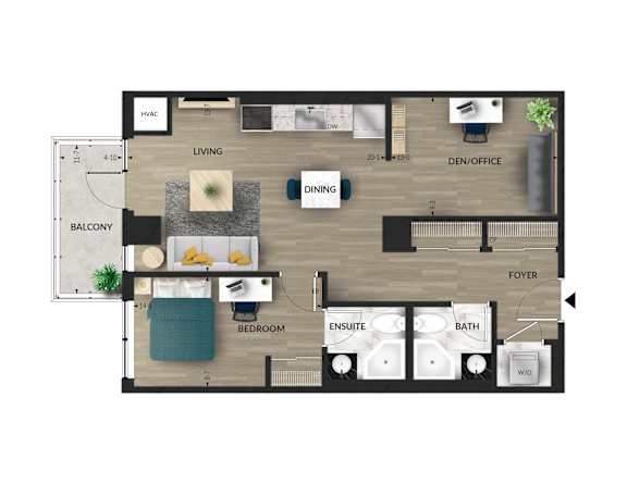 A floor plan of an apartment with a living room, dining room, kitchen, and bedrooms.