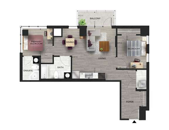 A floor plan of an apartment with a primary bedroom, dining area, living room, bathroom, and foyer.