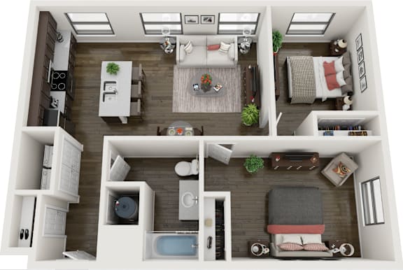A 3D floor plan of a small apartment with a kitchen, living room, and bedroom.