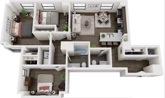 A 3D floor plan of a house with multiple rooms and furniture.